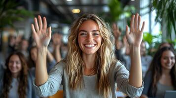 High-energy team stacking hands in a modern workspace, showcasing diversity and a spirit of collaboration photo