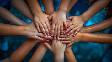 Corporate group celebrating teamwork diverse hands in a stack representing collaboration and inclusivity. photo