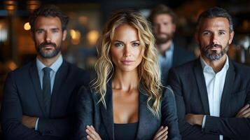 Business team standing together in office space arms linked to demonstrate unity and collective support photo