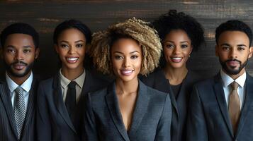 Corporate team in an open-plan office standing in tight group, showing support and commitment to shared goals photo