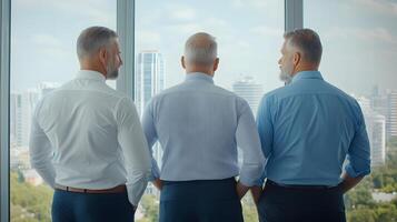 Professional businessmen engaged in strategic planning at a modern office with large windows and city views photo