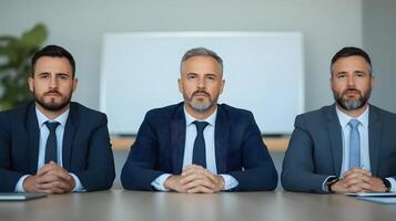 profesional empresarios en formal reunión que se discute estrategias en un moderno conferencia habitación con un pizarron y laptops foto