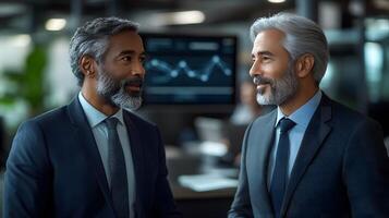 Business professionals discussing future strategies with an abstract network of connections in the background photo