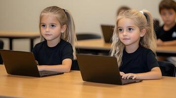 Students using technology to enhance their learning in a classroom. photo