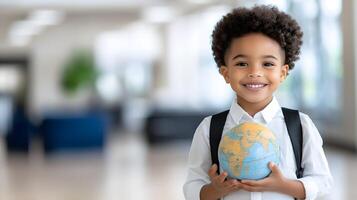 A child holding a small model globe, with a focus on learning and discovery photo