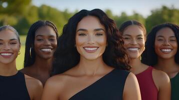 Diverse group of people smiling and holding hands in a park, symbolizing unity photo