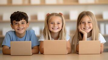 A group of students working together on a project in a modern classroom photo