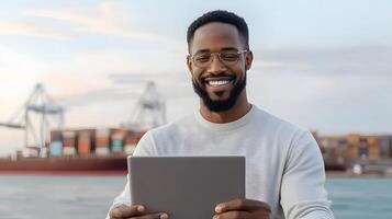 A customs agent using technology to monitor goods and shipments at a port photo