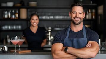 Creative cocktail presentation on a bar counter bartender smiling in the background, 3D rendering photo
