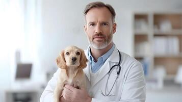 Veterinarian holding a small dog in a bright clinic, promoting pet care and spay awareness, 3D rendering photo