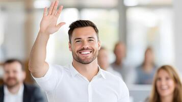 Professional worker high fiving colleague while discussing New Year achievements. photo