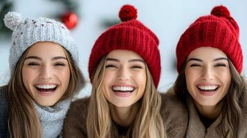 Friends laughing and wearing festive hats while counting down to the New Year. photo
