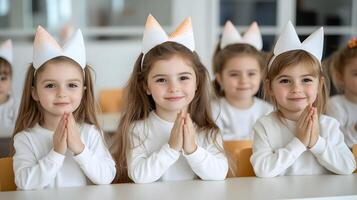Group of students with party hats clapping during New Year event in a classroom. photo