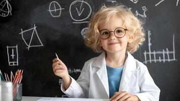 A teacher gently guiding a student solving math problem, blackboard with geometric shapes and numbers photo