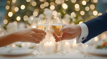 Laughter and joy as friends clink champagne glasses, stunning fireworks lighting the night photo