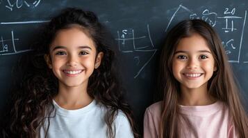 Teacher mentoring a student in mathematics blackboard covered in algebra and geometry problems photo