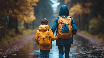 A parent and child walking together to school with a backpack in hand ready for the first day of the new school year. photo