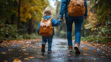A parent and child walking together to school with a backpack in hand, ready for the first day of the new school year photo