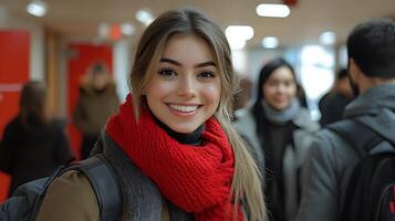 A group of diverse students smiling and chatting in the hallway between classes on the first day of the semester photo