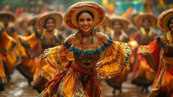 A group of dancers in traditional attire performing a cultural dance at a colorful festival with festive decorations in the background photo