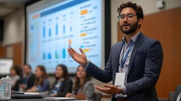 Entrepreneurs presenting finalized service designs to stakeholders, charts and data visualizations enhancing the pitch photo