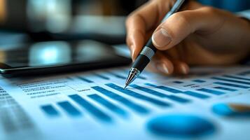 Entrepreneur analyzing financial projections, charts and budget details on a tablet, calculating growth for the year ahead photo