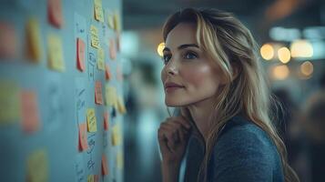 A creative team brainstorming business target markets vibrant sticky notes on a board, teamwork and innovation theme, casual yet professional setting photo