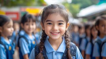 Children in school uniforms gathered in the playground excited for the first day of the new school semester photo