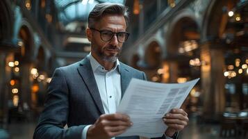 A senior manager reviewing a concise executive summary report in a private, elegant office photo