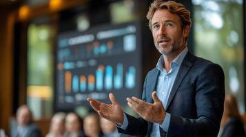 A senior executive presenting a detailed business summary to a team in a modern boardroom with visual aids photo