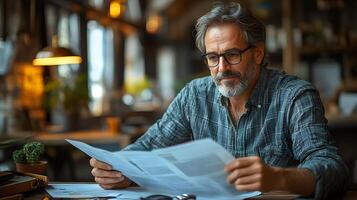 A focused professional flipping through printed executive summary in a stylish office setting photo