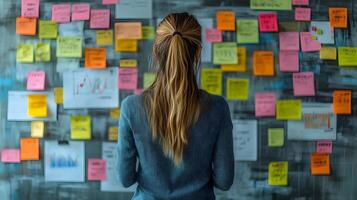Professionals evaluating competitor strengths and weaknesses, documents and screens showing SWOT analysis, innovative business setting photo