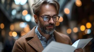 A focused professional flipping through a printed executive summary in a stylish office setting. photo