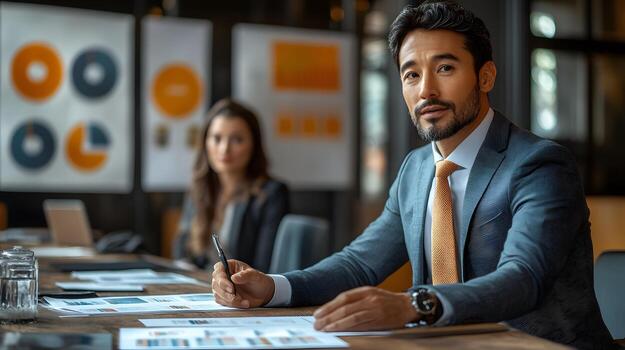 profesional presentación negocio propuesta con secundario materiales, informes, y diapositivas a potencial clientela en un reunión habitación foto