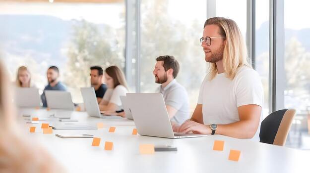 A manager leading a planning session with employees using colorful sticky notes to outline tasks and objectives photo