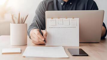 An entrepreneur mapping out yearly goals on a large desk with sticky notes, a laptop, and a planner photo