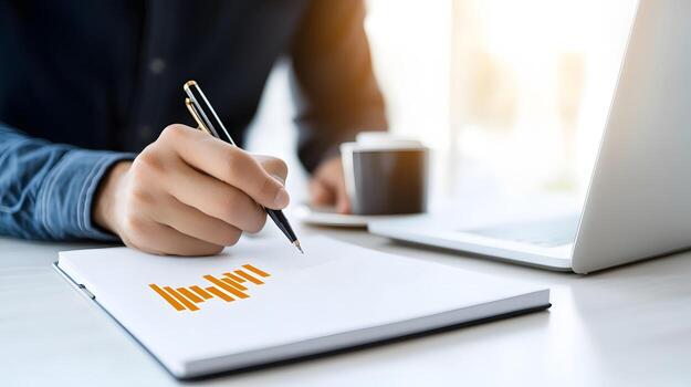 A close-up of hands taking notes and sketching ideas on a notebook, with a laptop and coffee cup in the background photo