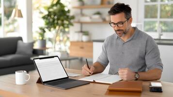 A solo entrepreneur working in a cozy office, writing plans in a leather-bound planner while analyzing data on a tablet photo