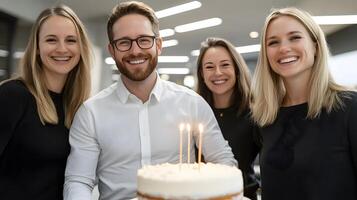 A small cake cutting ceremony in the office with team members laughing and enjoying a cheerful moment photo
