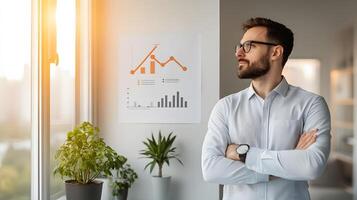 A professional looking at a growth chart and setting goals for the next career milestone, in a bright office environment photo