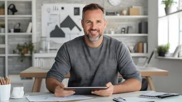 A small business owner working alone at a desk, sketching business plans on a tablet while surrounded by charts and graphs photo