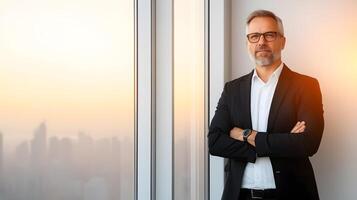 A business professional standing in front of a large window with a view of the city skyline, representing the ambition and success of career growth photo
