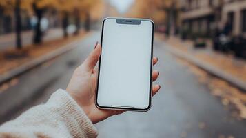 Smartphone with white blank screen held by hand, blurred cafe ambience with soft glow and natural decor, 3D rendering photo