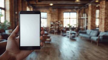 Close-up of hand holding smartphone with blank screen, cafe setting blurred in the background, warm tones, 3D rendering photo