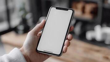 cropped image of smartphone mockup held by hand, blank white screen, blurred coffee shop decor background, 3D rendering photo