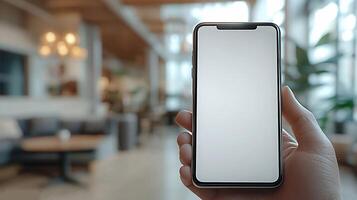 Close-up shot of smartphone in hand, blank screen glowing, blurred cafe interior with soft lighting, realistic 3D rendering photo