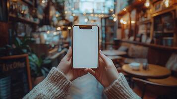Realistic hand holding smartphone showing blank white screen, cozy cafe background with blurred tables and chairs, 3D rendering photo
