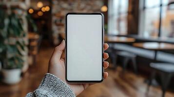 Realistic image of smartphone mockup with white blank screen, held by hand, blurred stylish cafe background, photo