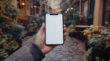 Hand holding a smartphone mockup with bright blank white screen, blurred cafe setting with cozy ambience, 3D rendering photo