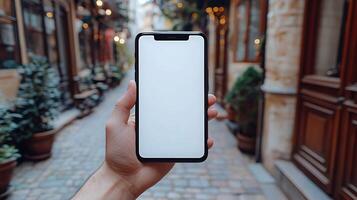 Realistic hand holding smartphone mockup with blank white screen, blurred cafe background, soft lighting, 3D rendering photo